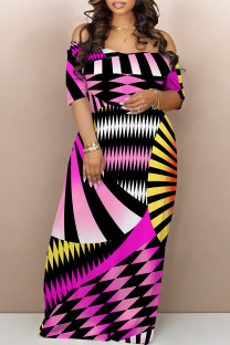 Rose Red Sexy National Totem Geometric Print Flowers Contrast V Neck Printed Dresses