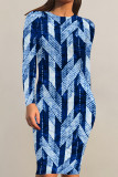 Blue Casual Faux Denim Print Distressed O Neck Printed Dresses