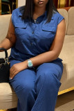 Blue Casual Solid Color Pocket Buckle Patchwork Turndown Collar Sleeveless Two Pieces