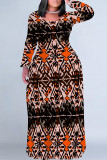 Red Casual National Totem Print Pocket Contrast O Neck Printed Plus Size Dresses