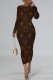 Dark Brown Casual Letter Print Contrast O Neck Printed Dresses