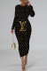 Black Gold Casual Letter Print Contrast O Neck Printed Dresses