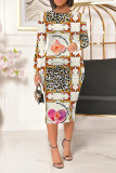 Cream White Casual Floral Print Leopard Contrast O Neck Printed Dresses