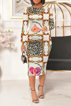 Cream White Casual Floral Print Leopard Contrast O Neck Printed Dresses