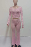 Pink Sexy Solid Color Patchwork O Neck Long Sleeve Two Pieces