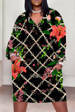 Pink Casual Plaid Floral Print Pocket Contrast V Neck Printed Plus Size Dresses