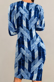 Blue Casual Faux Denim Print Distressed O Neck Printed Dresses