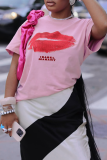 Pink Casual Lips Print Letters O Neck T-Shirts