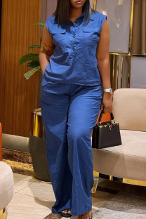 Blue Casual Solid Color Pocket Buckle Patchwork Turndown Collar Sleeveless Two Pieces