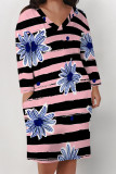 Pink Casual Plaid Floral Print Pocket Contrast V Neck Printed Plus Size Dresses