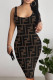 Dark Brown Sexy Letter Print Gradient Contrast U Neck Printed Dresses