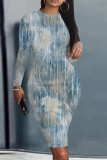 Blue Casual Faux Denim Print Distressed O Neck Printed Dresses