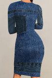 Blue Casual Faux Denim Print Distressed O Neck Printed Dresses