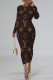 Coffee Casual Letter Print Contrast O Neck Printed Dresses