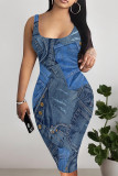 Blue Gray Sexy Faux Denim Print Distressed Contrast U Neck Printed Dresses
