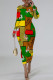 Brown Green Casual Geometric Print Letters Contrast O Neck Printed Dresses