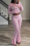 Pink Sexy Solid Color Patchwork O Neck Long Sleeve Two Pieces
