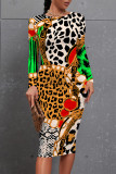 Cream White Casual Floral Print Leopard Contrast O Neck Printed Dresses