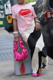 Pink Casual Lips Print Letters O Neck T-Shirts