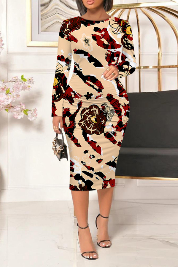 Light Khaki Casual Floral Print Leopard Contrast O Neck Printed Dresses