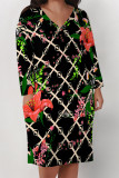 Pink Casual Plaid Floral Print Pocket Contrast V Neck Printed Plus Size Dresses