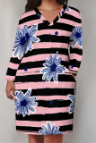 Pink Casual Plaid Floral Print Pocket Contrast V Neck Printed Plus Size Dresses