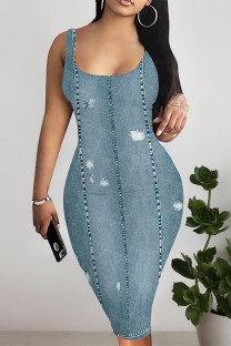 Baby Blue Sexy Faux Denim Print Distressed U Neck Printed Dresses