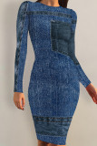 Blue Casual Faux Denim Print Distressed O Neck Printed Dresses