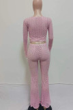 Pink Sexy Solid Color Patchwork O Neck Long Sleeve Two Pieces