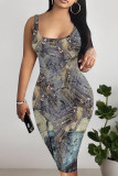 The cowboy blue Sexy Faux Denim Print Distressed U Neck Printed Dresses