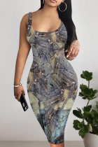 Multicolor Sexy Faux Denim Print Distressed U Neck Printed Dresses