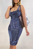 Blue Gray Sexy Faux Denim Print Distressed Contrast U Neck Printed Dresses