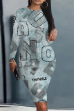 Blue Casual Faux Denim Print Distressed O Neck Printed Dresses