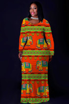 Red Casual National Totem Print Pocket Contrast O Neck Printed Plus Size Dresses