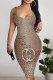 Brown Sexy Letter Print Contrast U Neck Printed Dresses