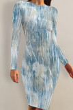 Blue Casual Faux Denim Print Distressed O Neck Printed Dresses
