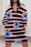 Pink Casual Plaid Floral Print Pocket Contrast V Neck Printed Plus Size Dresses