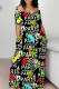 Black Apricot Sexy Graffiti Print Letters Contrast V Neck Printed Dresses