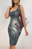 The cowboy blue Sexy Faux Denim Print Distressed U Neck Printed Dresses