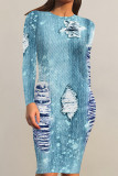 Blue Casual Faux Denim Print Distressed O Neck Printed Dresses