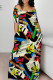 Beige Sexy Graffiti Print Letters Contrast V Neck Printed Dresses