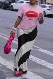 Pink Casual Lips Print Letters O Neck T-Shirts