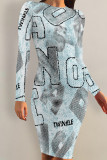 Blue Casual Faux Denim Print Distressed O Neck Printed Dresses