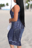 Blue Gray Sexy Faux Denim Print Distressed Contrast U Neck Printed Dresses