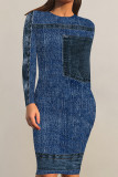 Blue Casual Faux Denim Print Distressed O Neck Printed Dresses