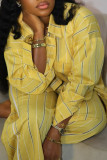 Yellow Casual Stripe Pocket Buckle Patchwork Turndown Collar Long Sleeve Two Pieces