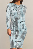 Blue Casual Faux Denim Print Distressed O Neck Printed Dresses