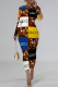Brown Casual Geometric Print Letters Contrast O Neck Printed Dresses