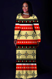 Red Casual National Totem Print Pocket Contrast O Neck Printed Plus Size Dresses