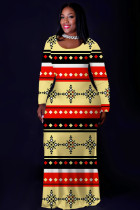 Yellow Casual National Totem Print Pocket Contrast O Neck Printed Plus Size Dresses